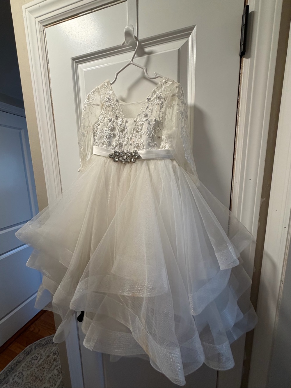 Ivory Lace & Tulle Girls' Formal Dress with Rhinestone Belt